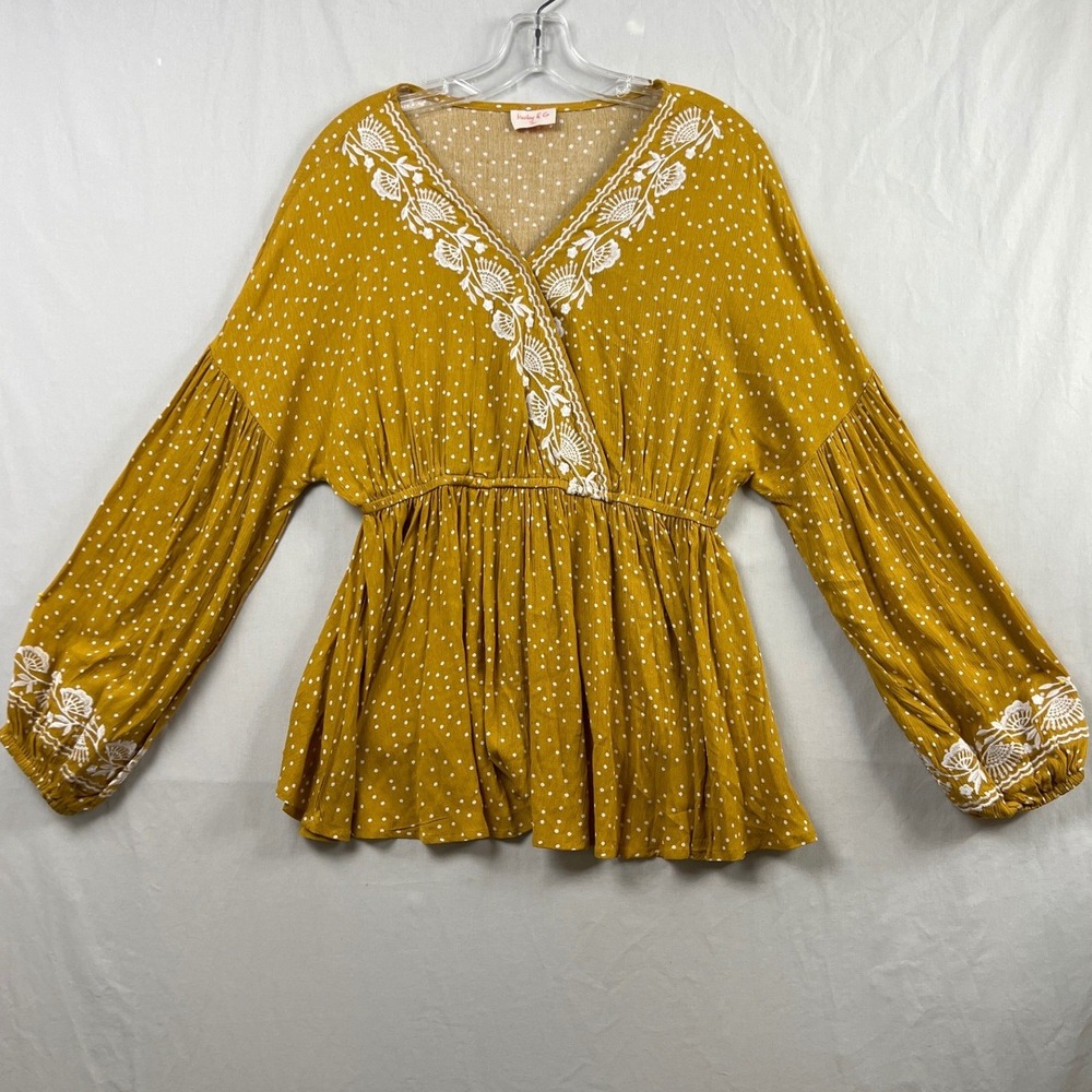 Hailey & Co Blouse Womens Medium Mustard Polka Dot Embroidered Boho Peplum